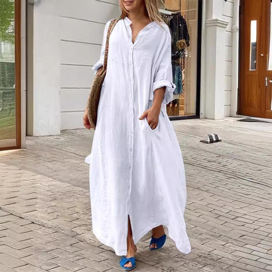 2024 Lässiges Baumwoll-Leinen Taschenhemd Kragen Langkleid, Übergröße