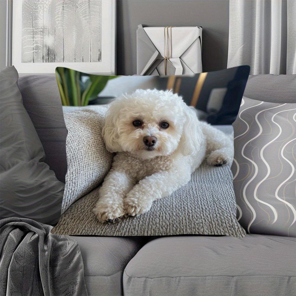 1Pc Lying Bichon Frise Printed Throw Pillow Cover, Suitable For Sofa, Bedroom, Living Room, A Heartwarming Gift For Dog Lovers.