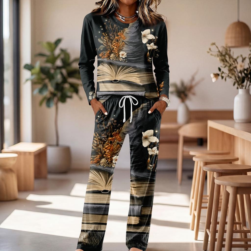 Set Pigiama Casual da Donna con Manica Lunga, Girocollo e Coulisse sui Pantaloni a Gamba Larga per Dormire e