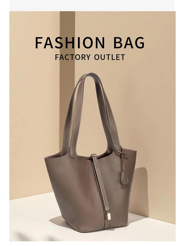 Extra Large Genuine Leather Single Shoulder Market Basket Bag - Top Layer Cowhide Exquisite Women's Handheld Bucket Bag