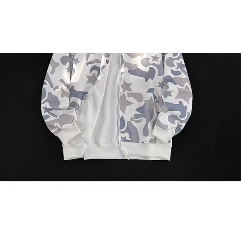 Bluza z kapturem na zamek High Street Camo Shark - Unisex, Styl BF, Długi rękaw z haftem ręcznikowym