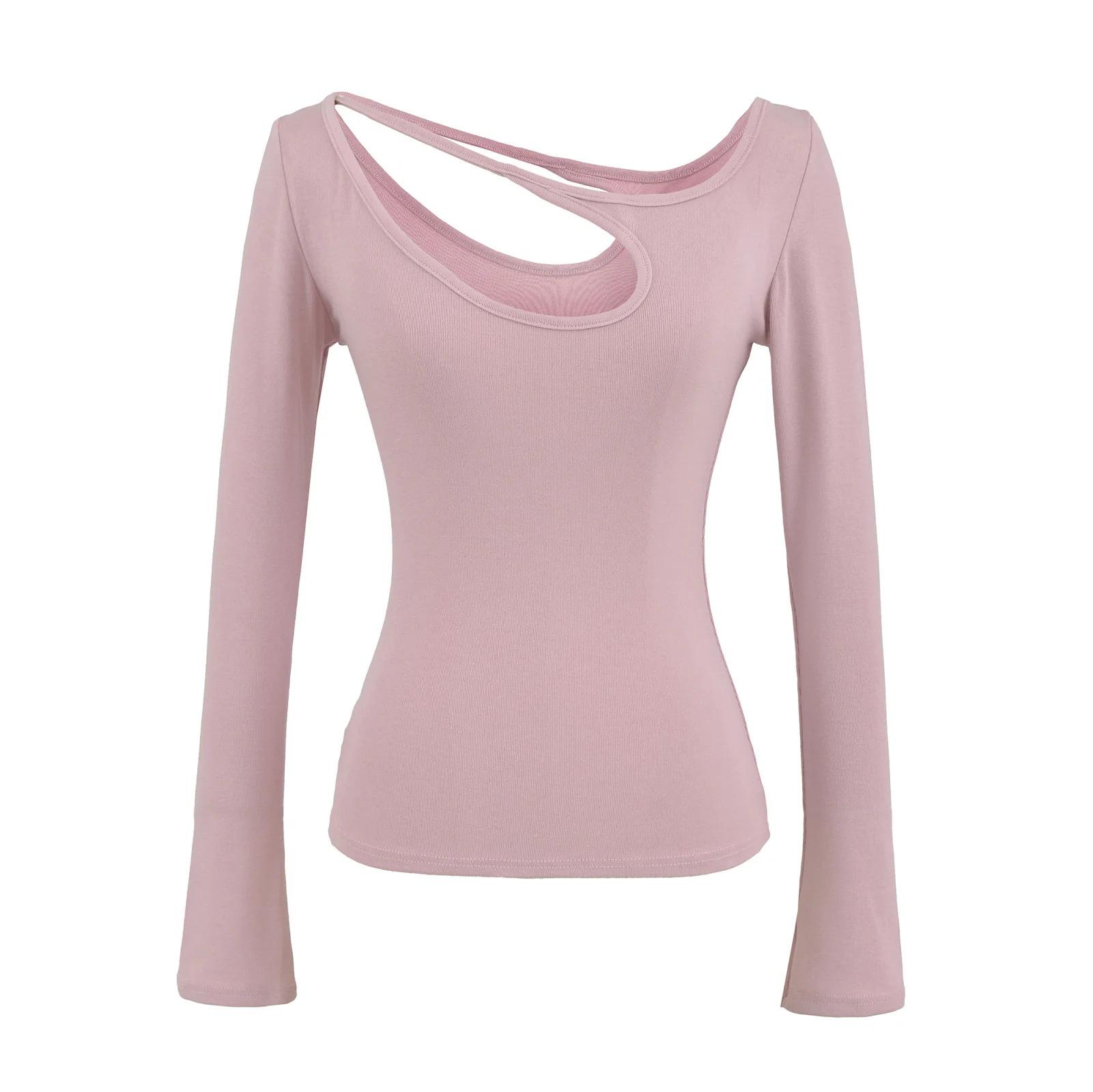 

Autumn 2025 Asymmetrical Off-shoulder Hollow Long Sleeve Top for Women Small рожевий