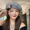 Trendy Y2K Retro Turn-Up Brim Button Plaid Cloud Cap Women Spring Black And White Plaid Beret Octagonal Hat Literary Painter Hat