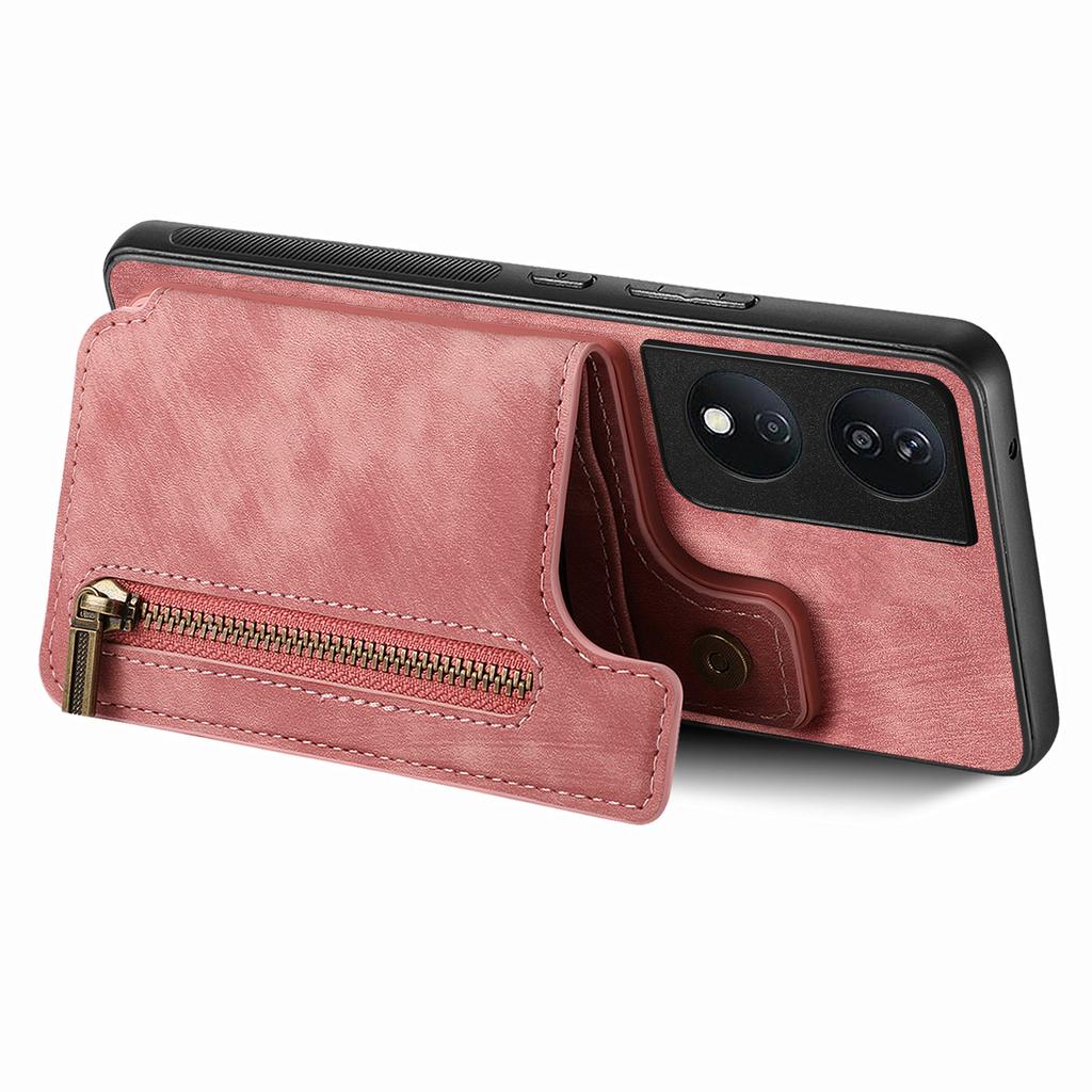 D15 For Honor X7b 4G/90 Smart Case with Card Holder Retro Leather+TPU Zipper Phone Cover