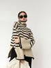 2023 Women's Striped High Neck Loose Knit Sweater with Side Slits