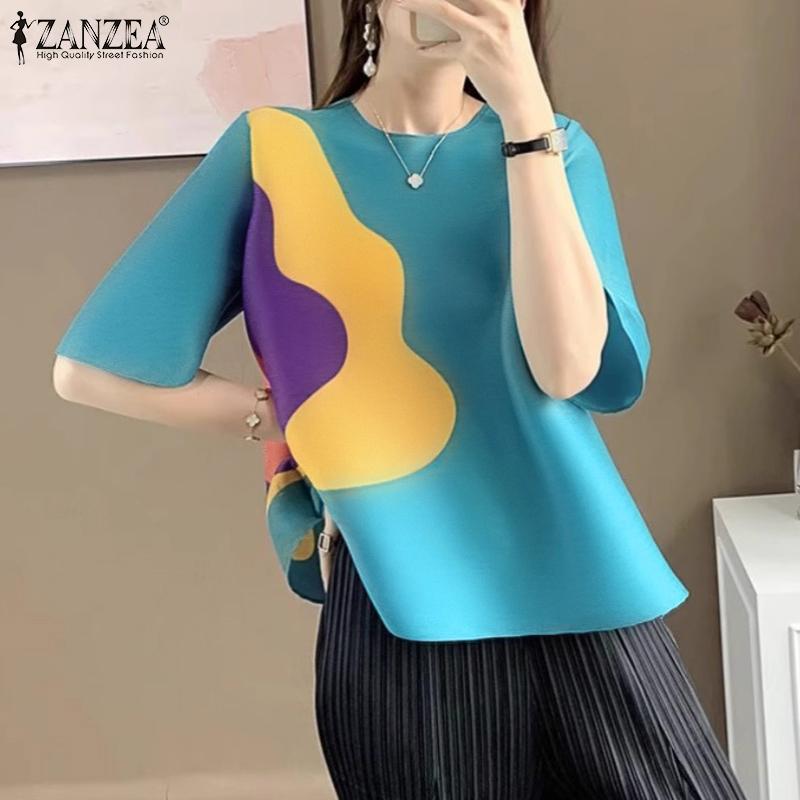 ZANZEA Women Summer Round Neck Short Sleeve Colorblock Blouses
