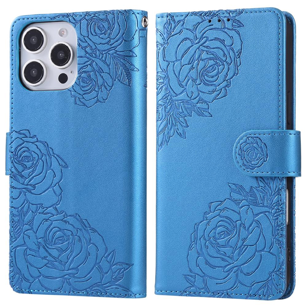 

For iPhone 16 Pro Max Case Rose Flower Wallet PU Leather Phone Cover with 3 Card Slots Blue