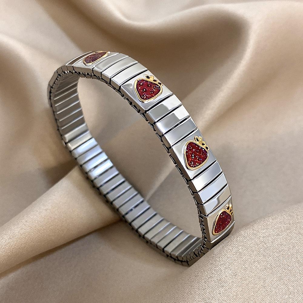 316L Stainless Steel Gold Color Strawberry Cherry Elastic Bangle Bracelet For Women Men Statement New Trend Wrist Zircon Gift