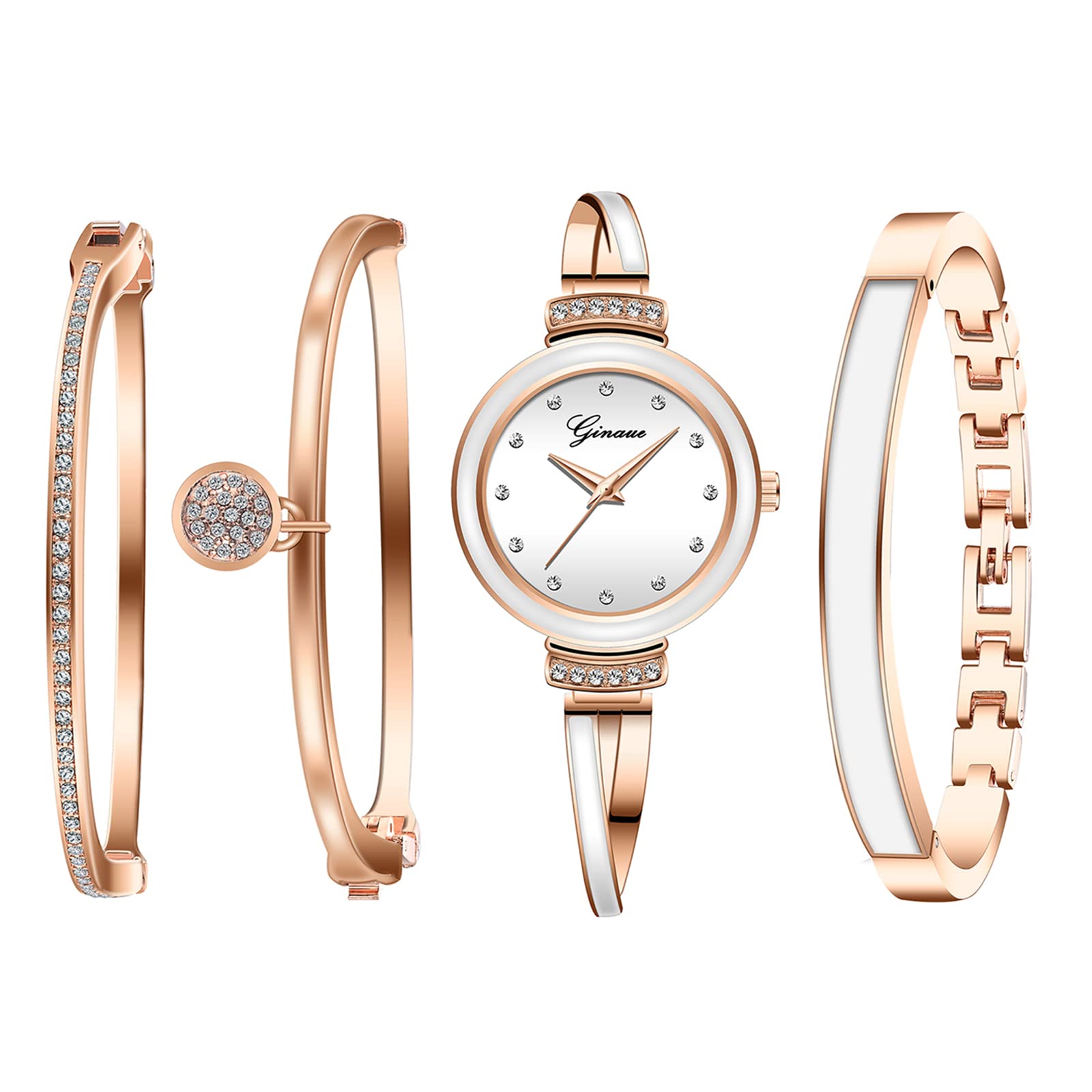 

and Watch Set Analog Rose Perfect Gift for Day [JEWELRYWE] Women s Bracelet, Bangle, 4-Piece - Display, Waterproof, Popular, Cute, Stylish, Alloy, белый