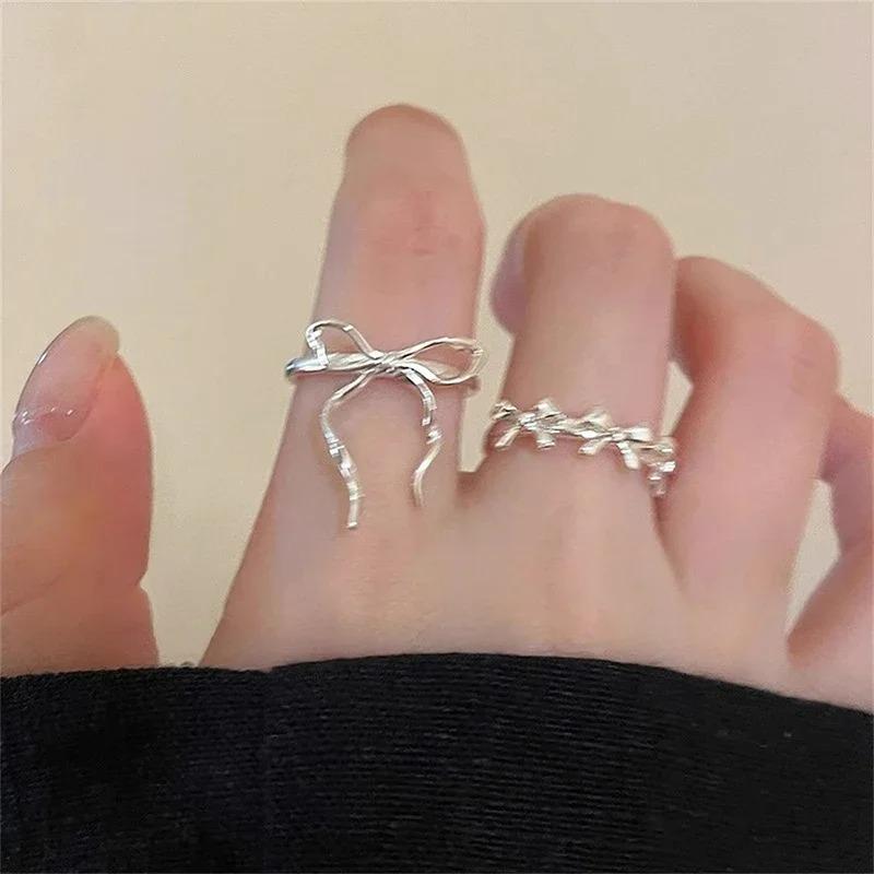 2 Pcs/Set Y2K Cute Bow Ribbon Rings for Women Girl Sweet Cute Geometric Bow Opening Adjustable Rings Wedding Party Jewelry Gifts
