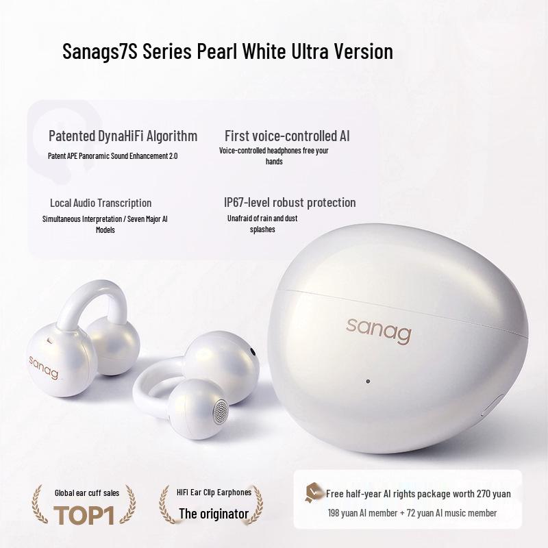 Sanag S7S Bluetooth Ear Clip Earphones with AI Translation and Air Conduction for 2025 Sports - Open, Not In-Ear Design
