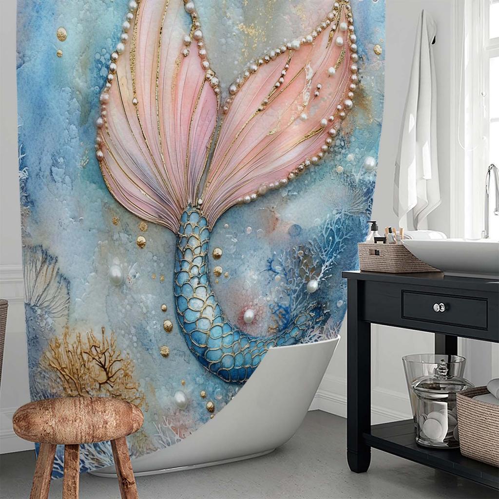 Mermaid Pearl Print Shower Curtain, Window Curtain With 12 Hooks Included