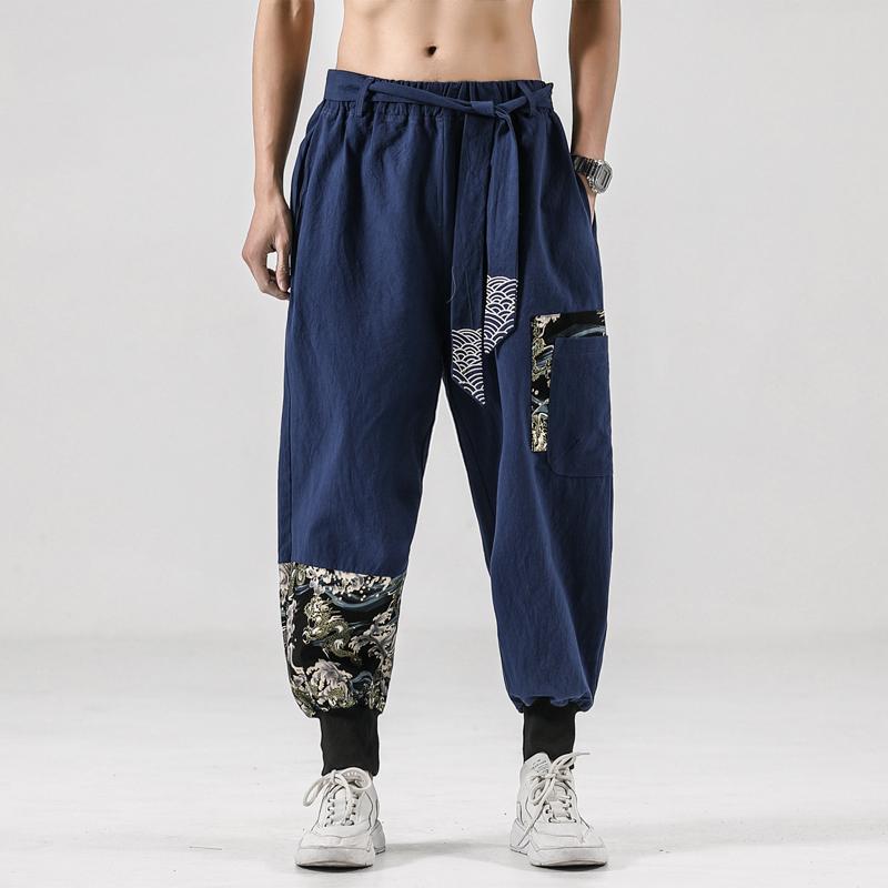 Autumn Men Linen Harem Pants Mens Vintage Chinese Style Trousers Man Streetwear Pants Male Print Crotch Pant