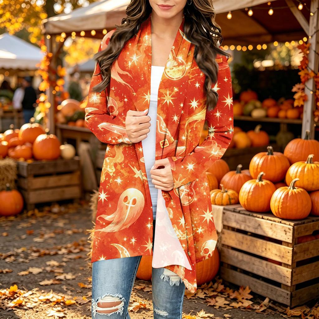 Damen Trendy Halloween-Print Langarm-Strickjacke Pullover für Lässige Herbstmode