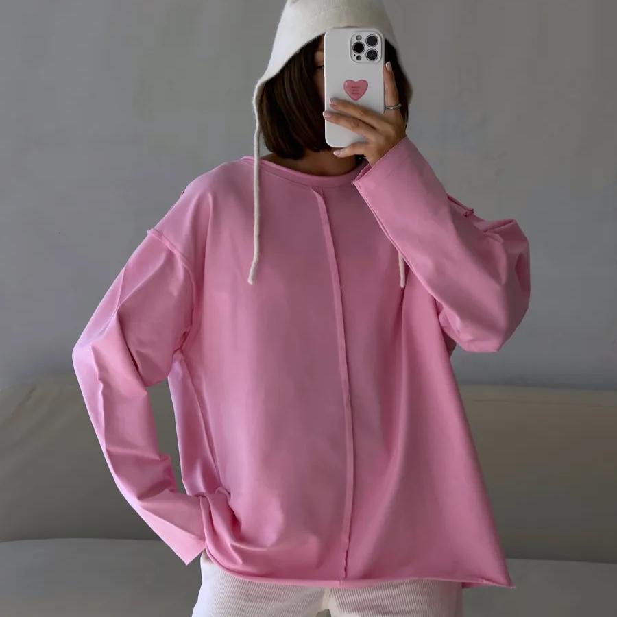 Damen Oversize Langarm T-Shirts Basic Rundhalsausschnitt T-Shirt Frühling Herbst Sweatshirts Lässig Workout Mode Einfarbig Baumwolle Pullover Tops für Damen