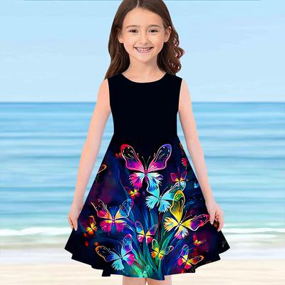 Sleeveless 3D Colorful Butterfly Print Summer Daily Cute Casual Sweet Kids A Line Dresses Tank Dress Girls' Dresses