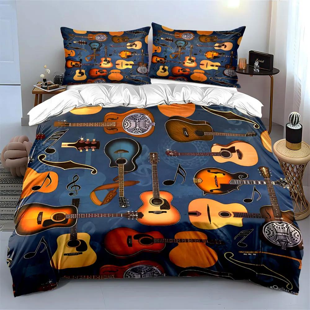 "Musical Guitar Pattern Set" Multiple Sizes Kid's and Adults' Bedroom Exquisite 3PC Bedding Set Gift