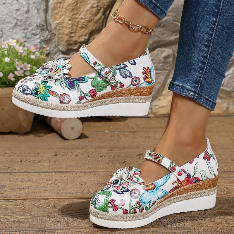 Large size wedge heel single shoes summer straw woven platform high heel women's shoes buckle round head single shoes