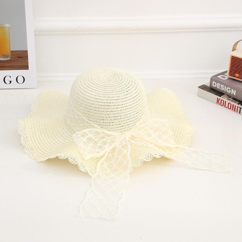 Summer Bow Sun Hat Female, Seaside Beach Vacation Sun Hat Outdoor Big Brim Sun Hat Sweet Straw Hat