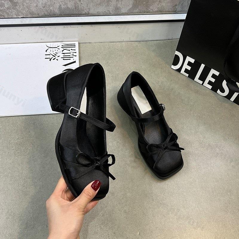 Fashion Women Shoes 2025 Spring Mary Jane Fashion Butterfly-knot Square Toe Satin Women's High Heels Buckle Elegant Pumps Shoe Wedding