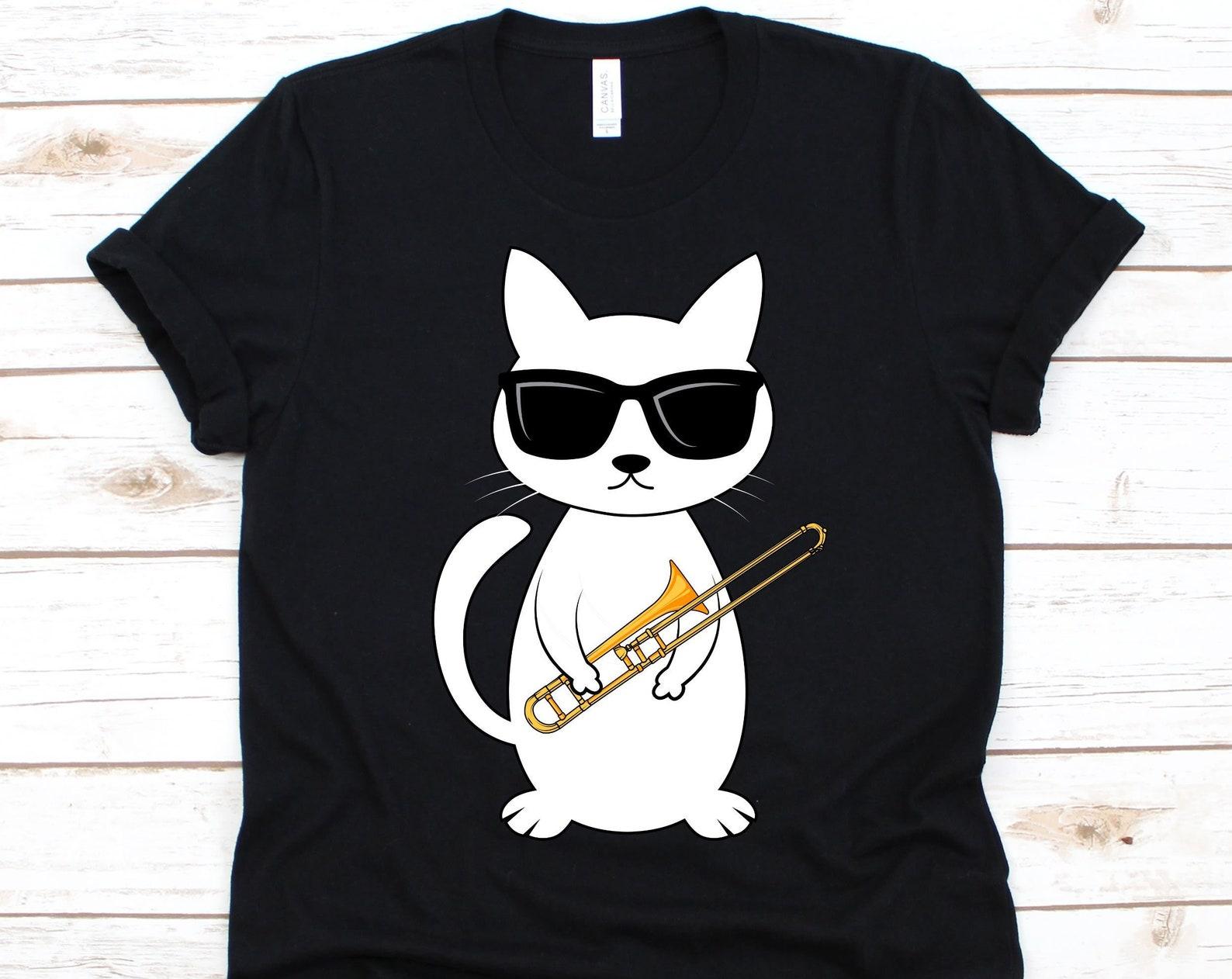 Cat Holding Trombone Shirt, Trombone Design, Musician, Trombone Lovers, Brass Instrument, Trombonist, Cat Lover, Cat Graphic Sunglasses Tee 4XL