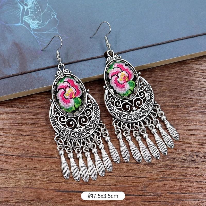 Vintage embroidery earrings hairpin classical temperament Miao peacock flower fringed earrings hair accessories set women