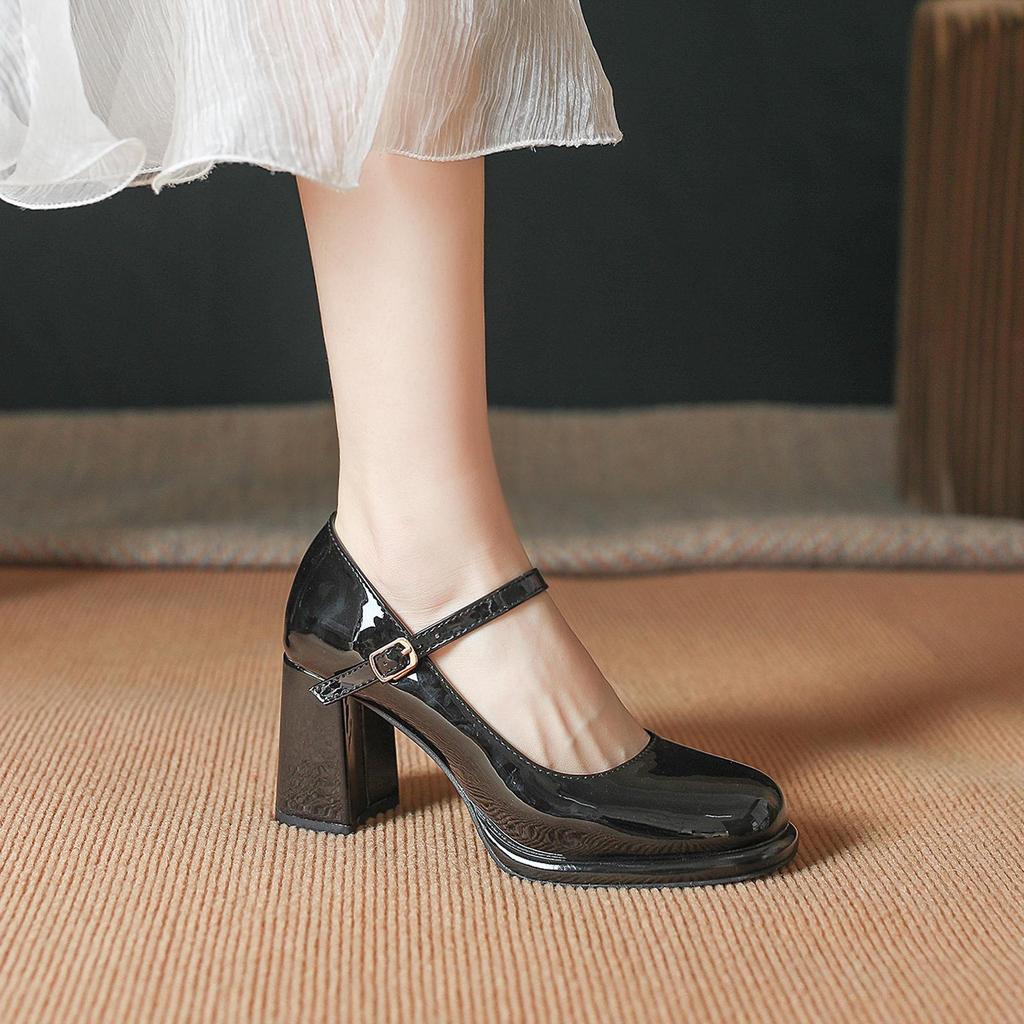 Skórzane, wodoodporne, platformowe buty Mary Jane ze skóry bydlęcej z paskiem na klamrę - damskie buty retro na grubym obcasie