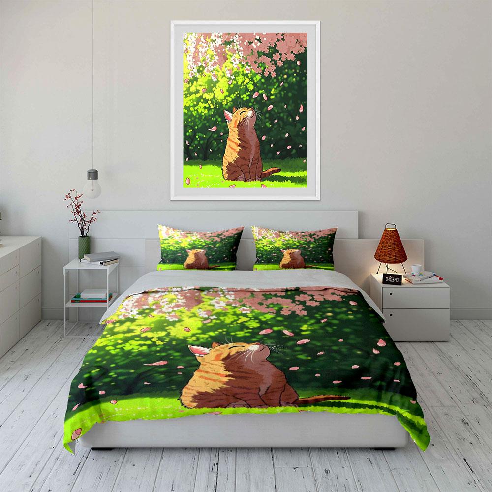 Spring Bliss: Cat, Flowers, Nature Scene Exquisite Three-Piece Bedding Set Gift For Kids And Adults