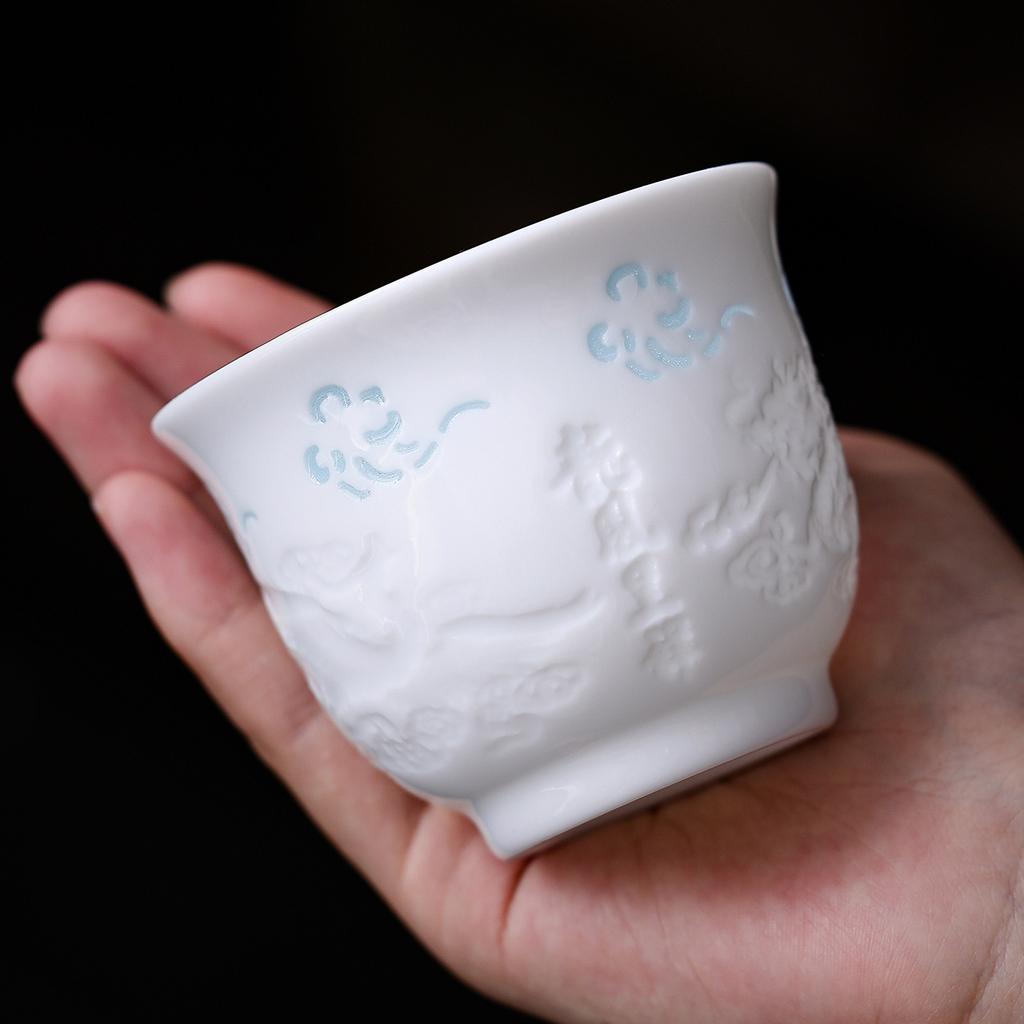 White Porcelain Master Cup Dragon and Phoenix Exquisite Cup Suet Jade Single Master Cup Gift-giving Household Ceramic Personal Cup Teacup