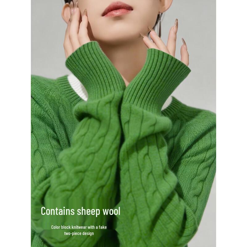 Demana Women s Winter Lamb Wool Faux Two-Piece Color-Block Knit Sweater XL