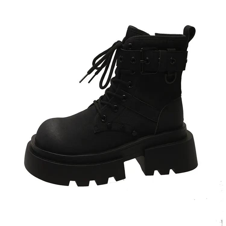 

Модные высококачественные толстые круглые ботиночки на шнуровке, модные универсальные удобные нескользящие дышащие износостойкие женские ботинки 35 чёрный