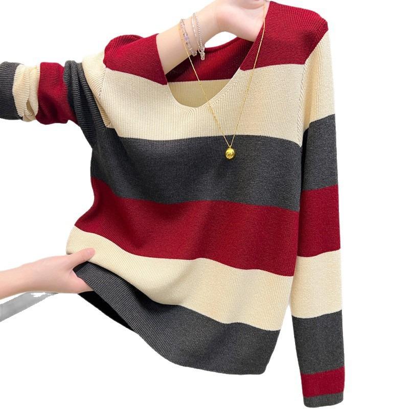 Autumn and winter lazy style thin striped long-sleeved sweater knitted sweater top