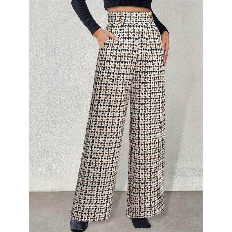 Western Style New Fashion Loose Houndstooth Casual Pants Plaid High Waist Wide Leg Pants Wide Leg Pants
