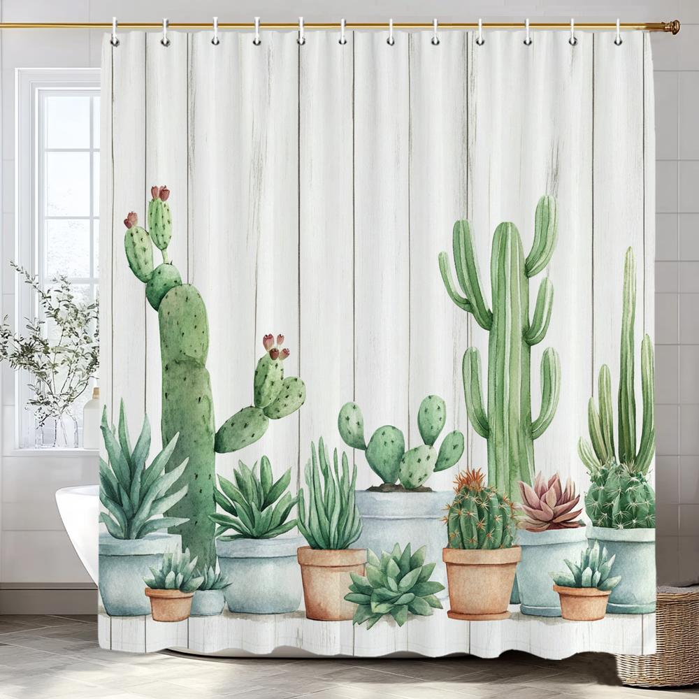 Nordic Art style Plant Cactus Printed Shower Curtain Bathroom Curtain,Hanging Curtain With 12 Hooks Decoration Machine Washable