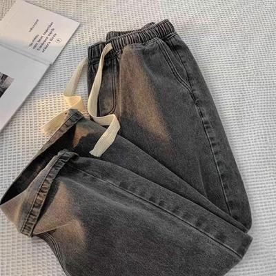 Jeans Élastiques Bleu Clair Taille Haute - Coupe Droite Lâche pour Femme, Petite, Jambe Large Polyvalente pour le Printemps/Été