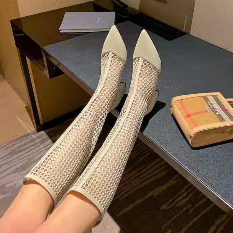Women'S Summer Long Boots Mesh Breathable Cool Pointed Toes Sandals High Heel Zippered Knee-High Gladiator Sandals Boots