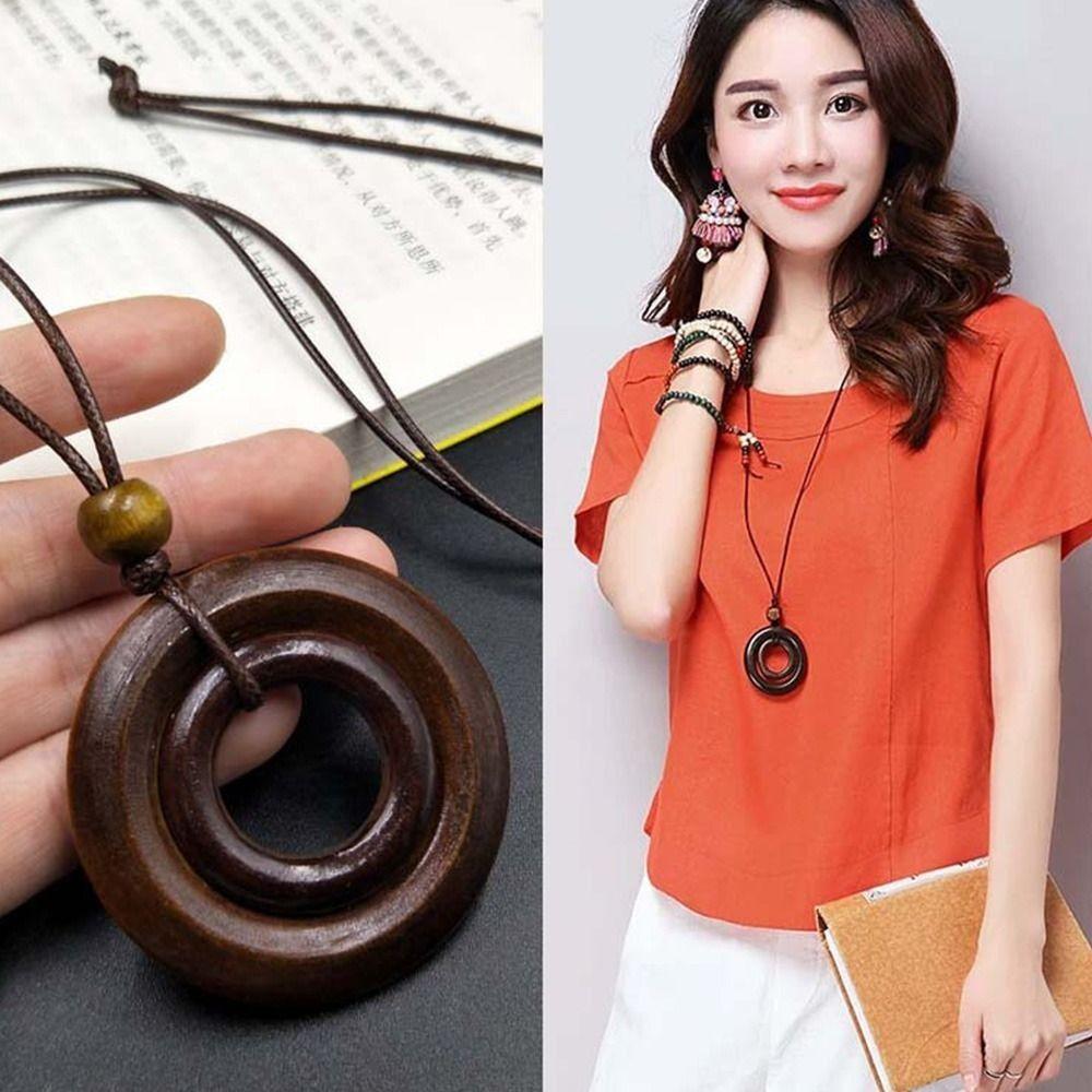 Round Clothing Pendant Retro Ethnic Sweater Necklace Gifts Vintage Leather Lanyard  Women Girls
