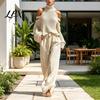 Cold Shoulder Knit Sweater Autumn Women Pants Set, & Wide Leg Breathable Spring Casual Wear Pants, Solid Color Long Sleeves Top Trousers Two