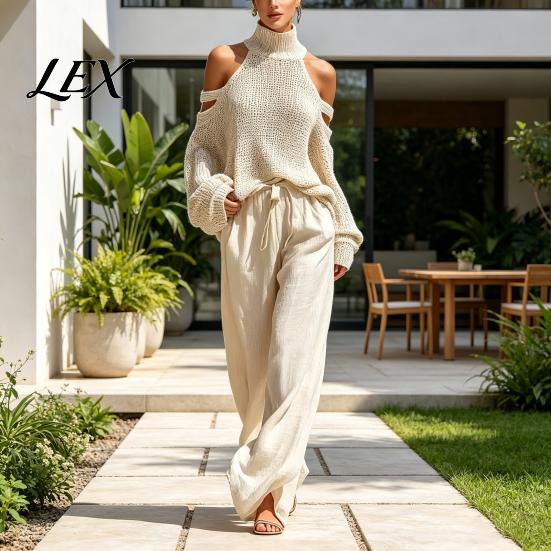 Cold Shoulder Knit Sweater Autumn Women Pants Set, & Wide Leg Breathable Spring Casual Wear Pants, Solid Color Long Sleeves Top Trousers Two