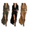 Women's Boho Maxi Dress with Belt Button Down Deep V Neck
