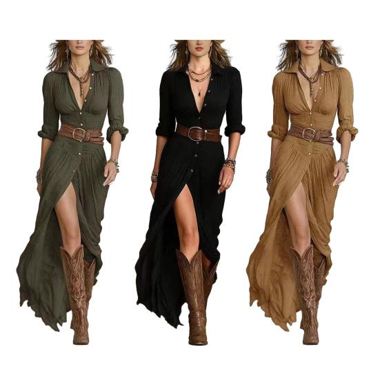 Women's Boho Maxi Dress with Belt Button Down Deep V Neck