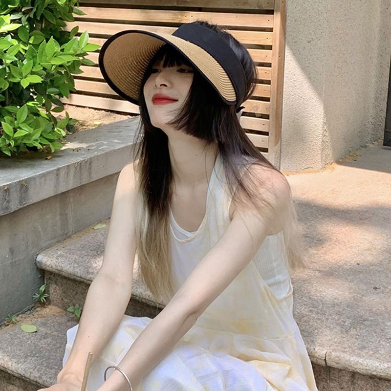 Mode Leerer Zylinder Sommer Strohhut Breite Krempe Strand Sonnenschutzhut Pferdeschwanz Kappe für Outdoor-Aktivitäten Camping Laufen