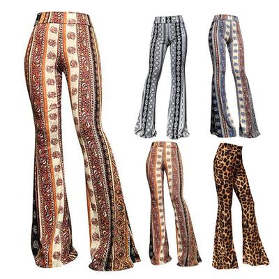 Dámske dlhé nohavice Vintage 70. roky s rozšíreným lemom Leopardia potlač Vysoký elastický pás Pružný priliehavý strih Dlhá dĺžka po podlahu Tenké nohavice so zvonovým dnom