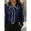 Women Fashion Solid Color V Neck Long Sleeve Casual Commute Shirt