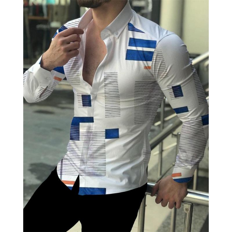 Men's Luxury Social Men's Shirts Lapel Button Shirts Casual Plaid Print Long Sleeve Tops Mens Club Prom Cardigan Tops