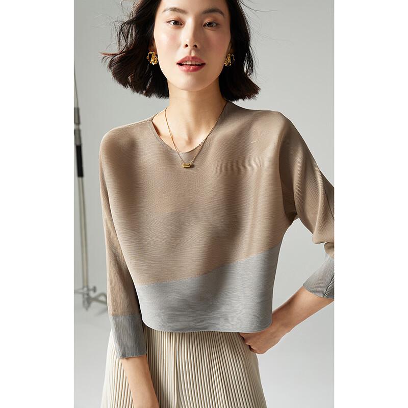 Women s Light Luxury Pleated Color Block 3/4 Sleeve Top One Size
