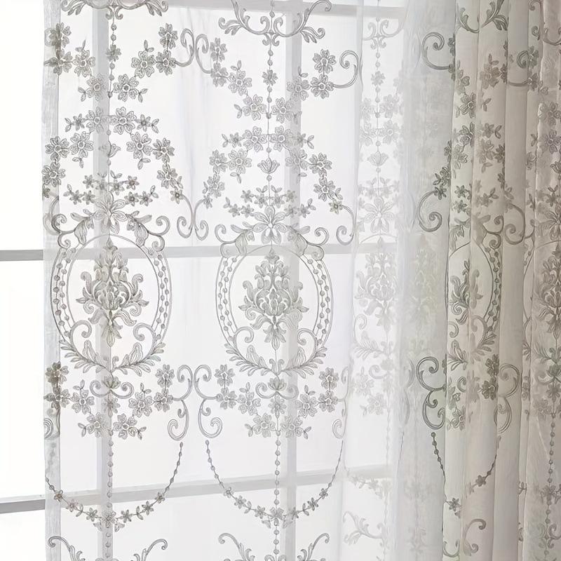 1PC Embroidered White Tulle Sheer Curtains for Living Room Luxury European Lace Voile Yarn Window Bedroom Door Floral Drapes