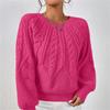 Women's Autumn/Winter Solid Color Cable Knit Sweater, Loose Crew Neck Lantern Sleeve Versatile Knit Top S-XL