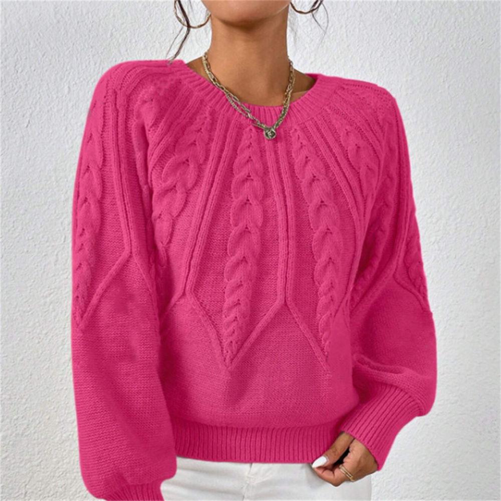Women's Autumn/Winter Solid Color Cable Knit Sweater, Loose Crew Neck Lantern Sleeve Versatile Knit Top S-XL