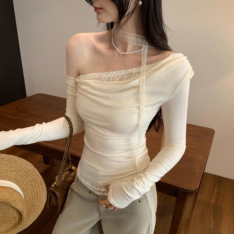 

European Women s Purple Lace Ribbon Asymmetrical Off-Shoulder Layered Scarf, Autumn 2025 Collection M бежевий